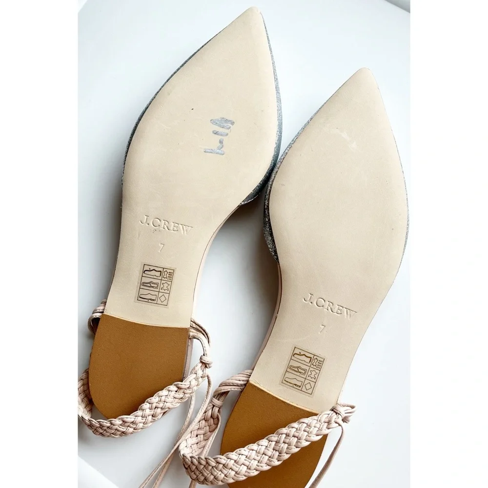 J Crew pointed toe glitter silver flats lace up sz 7